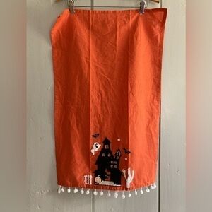 Pier 1 Imports Halloween 18" x 28" Haunted House Tea Towel w Pom Poms Orange